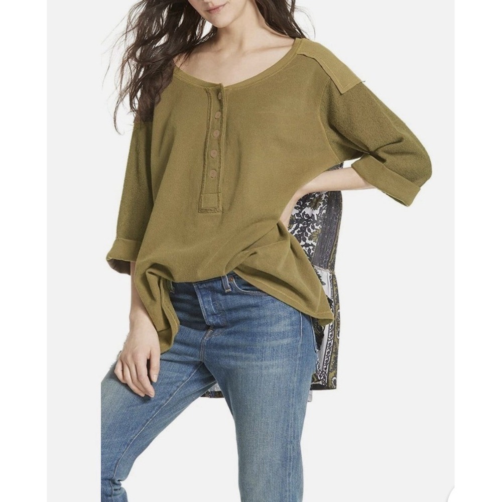 Free People Blouse Women XSmall Green Henley Cool Baby Boho Floral Oversized